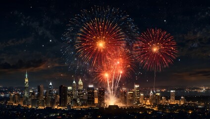 Naklejka premium A nighttime cityscape is silhouetted beneath vibrant bursts of fireworks.
