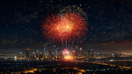 Fototapeta premium A wide shot of a city skyline is illuminated by fireworks against a dark, starry sky.