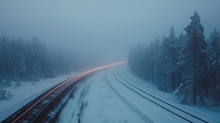 Obraz premium A quiet long exposure of a railway track in a snowy landscape in Finland, with faint light trails from a train.