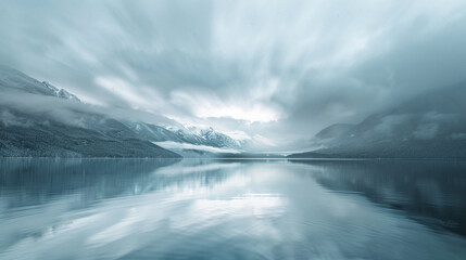 Naklejka premium A serene capture of Lake Louise in Canada, with the water reflecting snow-capped peaks and blurred clouds.