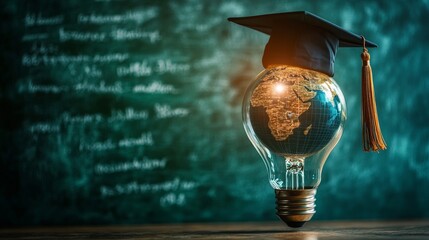 A creative visual of a glowing lightbulb with a globe and a graduation cap, symbolizing innovation in education and global learning. Great for educational content and academic campaigns.