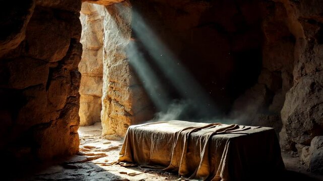 Empty Tomb of Jesus Christ on Easter Sunday: Light Beams, Resurrection, and Christian Hope