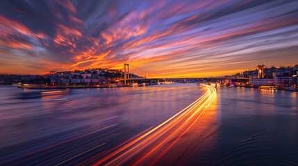 Obraz premium A serene long exposure of the Golden Horn Bridge in Istanbul at sunset, with glowing lights reflecting on the water.