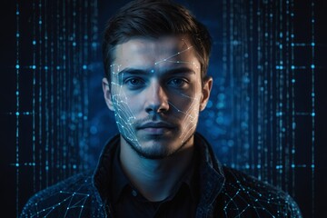 Facial recognition technology, face of young man with digital glowing lines of biometric data,   Concept of identification