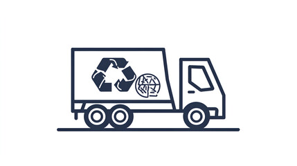 Line art illustration of a recycling truck with eco-friendly symbols