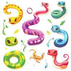 Fototapeta premium Colorful Cartoon Snakes Reptiles Rainbow Design Illustration Art kid fun red cute pink blue happy 
