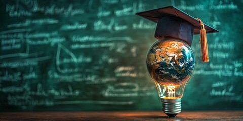 A creative visual of a glowing lightbulb with a globe and a graduation cap, symbolizing innovation in education and global learning. Great for educational content and academic campaigns.