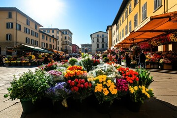 A vibrant flower market in the heart of a bustling city square Stalls filled with colorful bouquets...