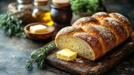 Freshly baked golden braided bread with butter on a rustic wooden board, surrounded by herbs and oil