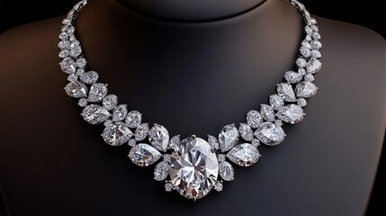 A stunning diamond necklace with a sparkling pendant is showcased against a black background, highlighting its luxury and craftsmanship.