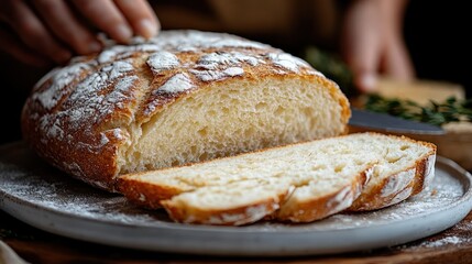 Freshly baked artisan bread sliced on a rustic wooden table with herbs in the background