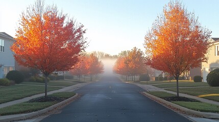Obraz premium Misty autumn morning street scene with vibrant orange trees.