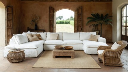Cozy and Elegant Living Room with White Couch and Natural Accents