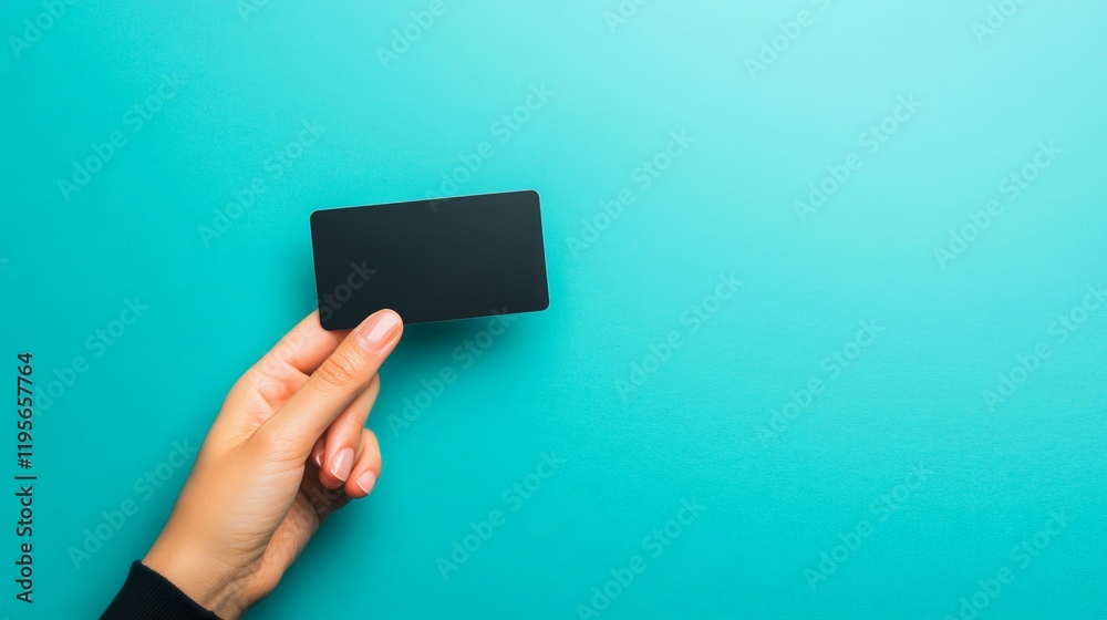Poster woman hand holding a blank black card on a turquoise background, perfect for adding custom text or d