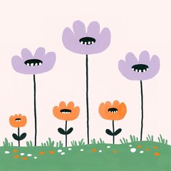 Fototapeta premium A whimsical illustration of colorful flowers with black faces, set against a light background, conveying a playful and cheerful vibe.