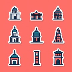 A colorful illustration featuring various iconic architectural landmarks arranged in a grid format.
