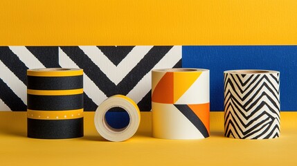 Colorful rolls of washi tape with various geometric patterns, displayed against a vibrant background of yellow and blue.