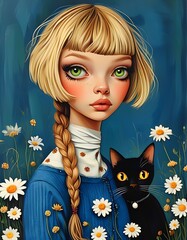 A whimsical illustration of a young girl with her black cat amidst a field of daisies