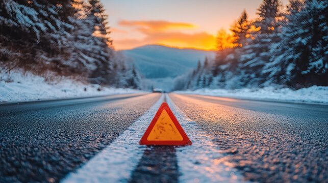 Snowy road with warning triangle at sunset.