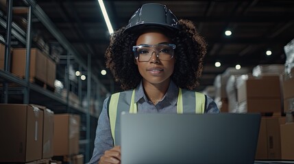 Woman in safety vest and helmet operates laptop while overseeing goods on conveyor belt in busy warehouse setting