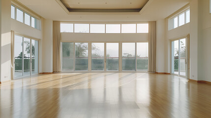 Obraz premium Spacious empty room with large windows and wooden flooring in natural light 
