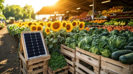 Sunflowers and Fresh Vegetables at a Vibrant Farmers Market