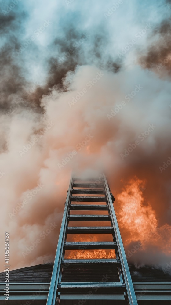 Aufkleber firefighters using a ladder are bravely battling flames and thick smoke while executing a dangerous 
