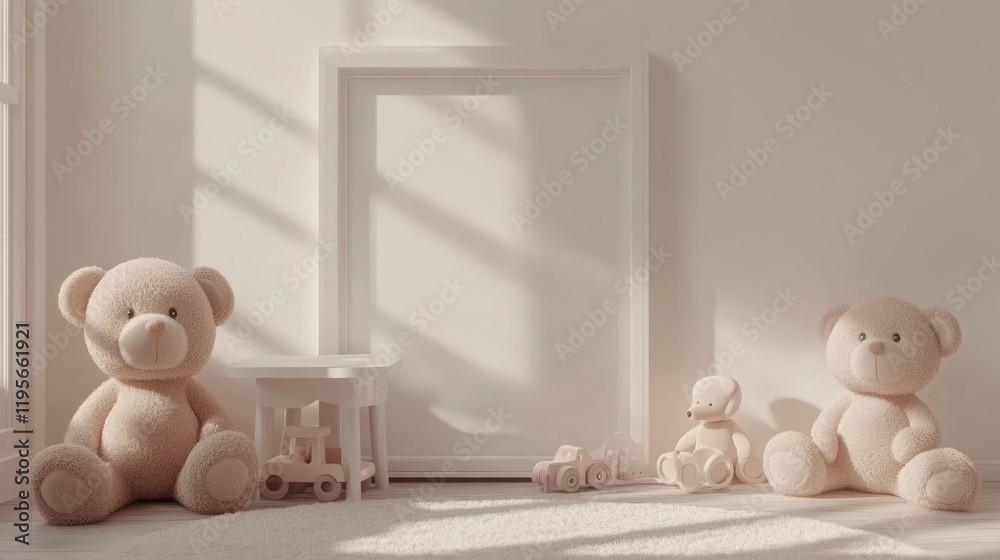 Wall mural Soft Beige Teddy Bears and Empty Frame in Bright Room Setting