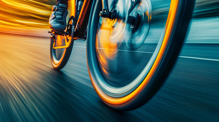 Close-up of a racing bike tire spinning on a tarmac track with vibrant motion blur