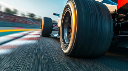 Close-up of a race car tire in motion on a track with motion blur and asphalt texture details