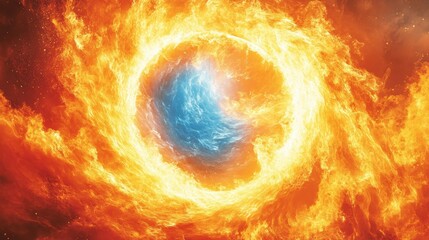 Fiery Circular Vortex with Blue Center in Cosmic Background