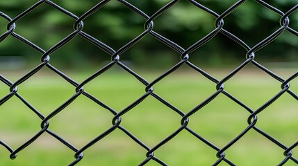 Fototapeta premium Black chain-link fence positioned in front of a blurred school, highlighting vibrant green grass in a sunny setting