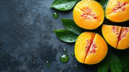 Freshly sliced yellow melon on a dark textured surface with green leaves and water droplets
