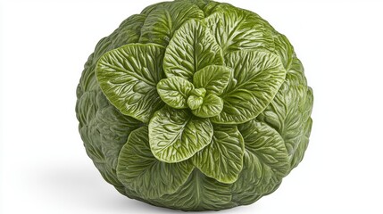 Fresh Green Lettuce Head with Lush Leaves on White Background