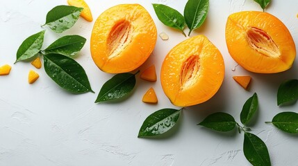 Freshly sliced ripe cantaloupe with vibrant orange flesh and green leaves on a textured background