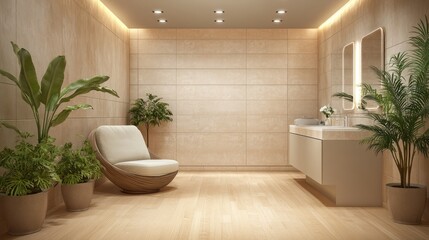 Fototapeta premium Spa room with light wood floors, beige ceramic walls, a comfortable chair, sleek vanity, and lush potted plants for a calming, elegant atmosphere
