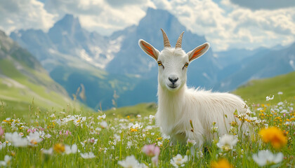 Obraz premium White little goat on an alpine meadow with mountains in the background. Goat on green grass with flowers in a rural landscape