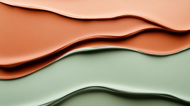 Abstract image of wavy terracotta and sage green strokes of paint or cosmetic product.  Smooth textures and calming colors.