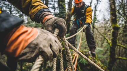 Outdoor Climber Engaging in Roping Technique in Forest Setting