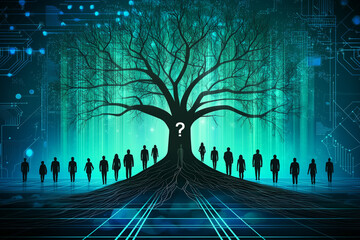 relations and connections, digital art, genealogical family tree template. oak and figures of people,  ancestors. mystery of blood and history, ancestry, heritage, question mark