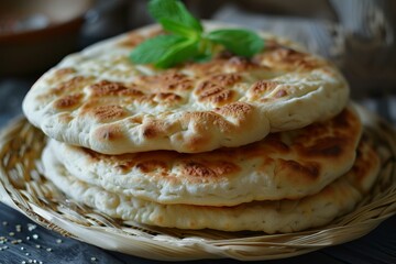 Stack of pita bread decorated with fresh mint leaves on wicker plate