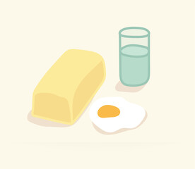 oil, glass of water, egg, ingredients