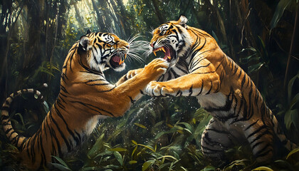 Wild tigers fighting in the rainforest