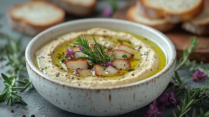 Creamy hummus topped with herbs and olive oil, served with fresh bread in a rustic kitchen setting