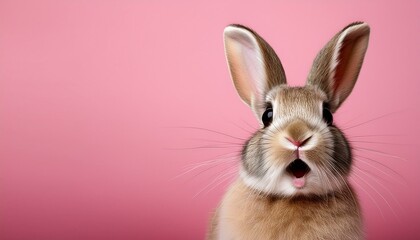 Fototapeta premium surprised shocked bunny on a pink background ai generative