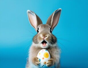 Obraz premium surprised shocked bunny with easter egg on blue background ai generative