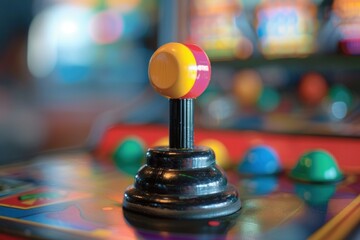 Colorful arcade joystick standing on a game cabinet, inviting players to experience the thrill of retro gaming