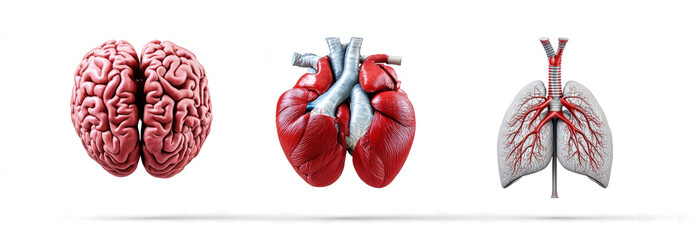 3D realistic model of a human heart, brain, and lungs on a transparent background. 
