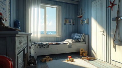 Cozy Beachside Bedroom with Sunlight and Nautical Decor