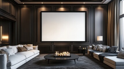 Elegant Modern Living Room with Large Screen and Cozy Atmosphere